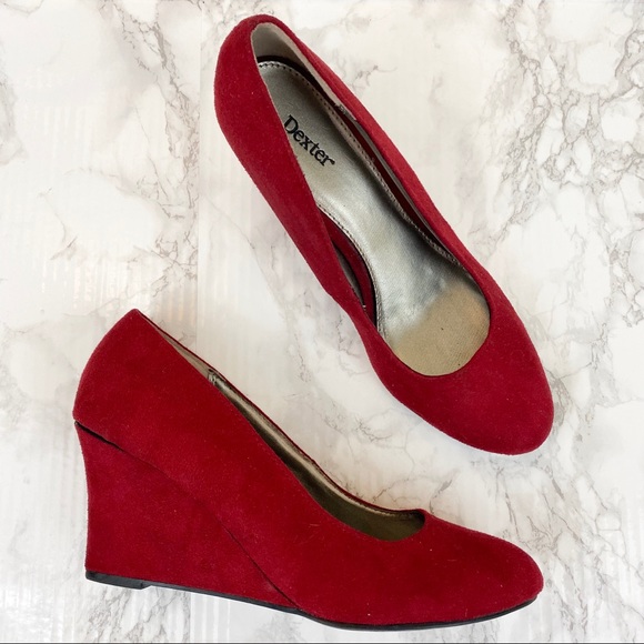Dexter Red Suede-like Wedge Pumps - Picture 1 of 8